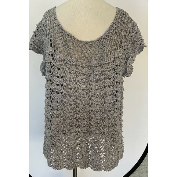Beautiful Vintage Hand-Crocheted Knit SS Pullover L-XL Lavender - Scalloped Hem - Picture 6 of 11